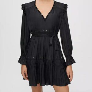 Maje Black Satin Mini Dress with Gold Studs (XL)